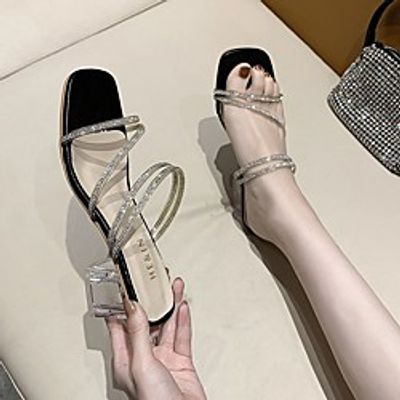Women's Sandals Cuban Heel Open Toe PVC PU Rhinestone Sparkling Glitter Solid Colored Black Beige miniinthebox