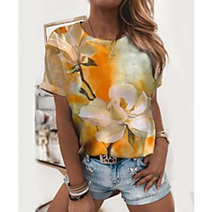 Women's Floral Theme Painting T shirt Floral Flower Print Round Neck Basic Tops Blue Yellow miniinthebox
