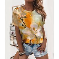 Women's Floral Theme Painting T shirt Floral Flower Print Round Neck Basic Tops Blue Yellow miniinthebox - thumbnail
