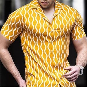 Men's Shirt Hot Stamping Striped Graphic Turndown Street Casual Button-Down Print Short Sleeve Tops Casual Fashion Breathable Comfortable Yellow Lightinthebox