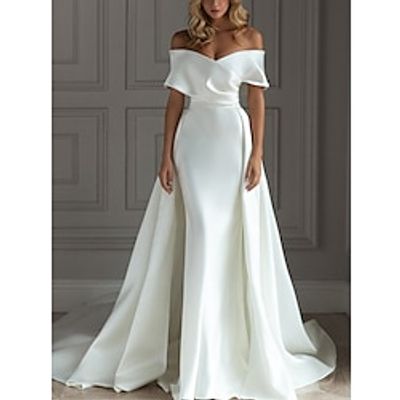 Beach Formal Wedding Dresses Mermaid  Trumpet Sweetheart Off Shoulder Sleeveless Sweep  Brush Train Satin Bridal Gowns With Solid Color 2023 Lightinthebox