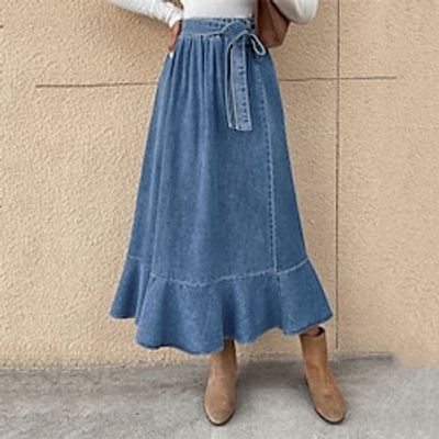 Women's Skirt A Line Swing Maxi Denim Blue Skirts Winter Ruffle Fashion Casual Street Daily S M L Lightinthebox