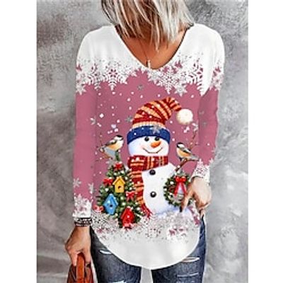 Women's T shirt Tee Christmas Shirt Pink Snowman Snowflake Print Long Sleeve Christmas Weekend Festival  Holiday V Neck Regular Fit Painting Spring   Fall Lightinthebox