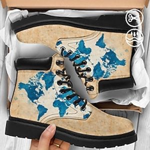 Men's Blue Map Watercolor Graphic Print Faux Leather Comfort Large Size Lace Up Booties miniinthebox