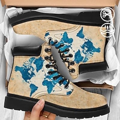 Men's Blue Map Watercolor Graphic Print Faux Leather Comfort Large Size Lace Up Booties miniinthebox