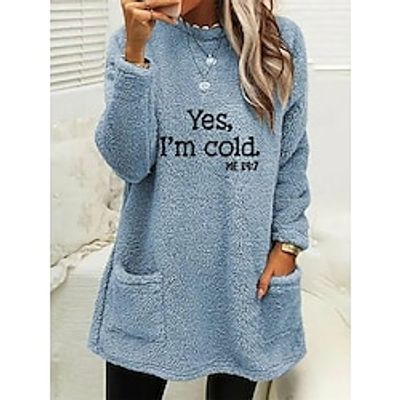 Women's Fleece Lounge Top Light Blue Letter Casual Comfort Home Street Bed Polar Fleece Warm Breathable Crew Neck Long Sleeve Pullover Pant Pocket Fall Winter Black White Lightinthebox