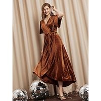 Women's Velvet Dress Prom Dress Party Dress Long Dress Maxi Dress Brown Short Sleeve Pure Color With Belt Spring Fall Winter V Neck Fashion Winter Dress Christmas Wedding Guest 2023 S M L XL XXL Lightinthebox - thumbnail