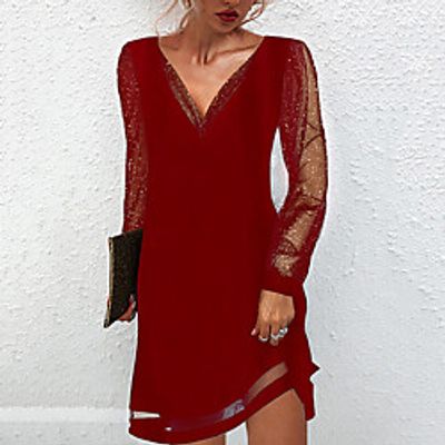 Women's A Line Dress Short Mini Dress Black Wine Dark Green Long Sleeve Pure Color Mesh Spring Summer V Neck Stylish Basic Casual 2021 S M L XL XXL Lightinthebox