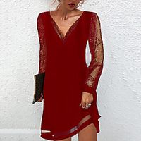 Women's A Line Dress Short Mini Dress Black Wine Dark Green Long Sleeve Pure Color Mesh Spring Summer V Neck Stylish Basic Casual 2021 S M L XL XXL Lightinthebox - thumbnail