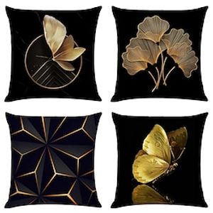 Cushion Cover 4PCS Soft Decorative Square Throw Pillow Cover Pillowcase 45 x 45 cm (18 x 18 Inch) Machine Washable Print Ginkgo Biloba Gold Faux Linen Cushion for Sofa Couch Bed Chair Black miniinthebox