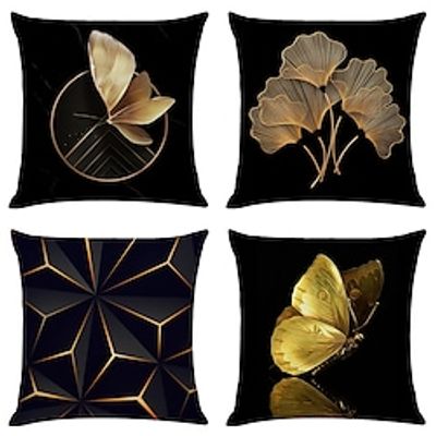 Cushion Cover 4PCS Soft Decorative Square Throw Pillow Cover Pillowcase 45 x 45 cm (18 x 18 Inch) Machine Washable Print Ginkgo Biloba Gold Faux Linen Cushion for Sofa Couch Bed Chair Black miniinthebox