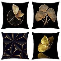 Cushion Cover 4PCS Soft Decorative Square Throw Pillow Cover Pillowcase 45 x 45 cm (18 x 18 Inch) Machine Washable Print Ginkgo Biloba Gold Faux Linen Cushion for Sofa Couch Bed Chair Black miniinthebox - thumbnail