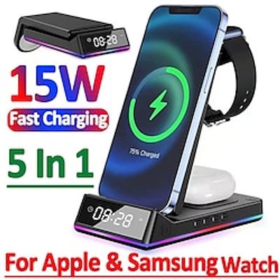 5 In 1 15W Foldable Wireless Charger Stand RGB Dock LED Clock Fast Charging Station for iPhone Samsung Galaxy Watch 5/4 S22 S21 miniinthebox