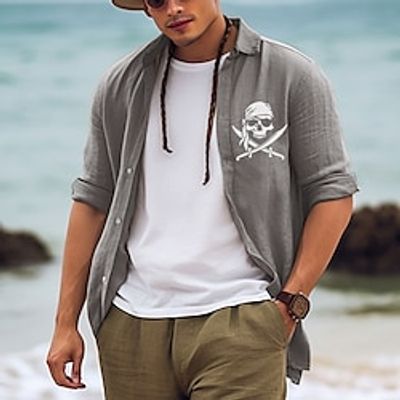 Pirate Skulls Casual Men's Shirt Linen Shirt Outdoor Daily Vacation Spring   Fall Lapel Long Sleeve White, Pink, Army Green S, M, L Polyester Shirt Lightinthebox