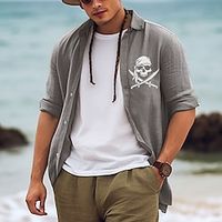 Pirate Skulls Casual Men's Shirt Linen Shirt Outdoor Daily Vacation Spring   Fall Lapel Long Sleeve White, Pink, Army Green S, M, L Polyester Shirt Lightinthebox - thumbnail