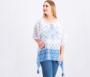Printed Tassel-Hem Poncho  Ultra White/Blue