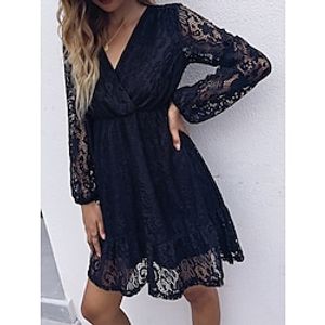 Women's Casual Dress Lace Dress Mini Dress Black Long Sleeve Pure Color Lace Winter Fall Spring V Neck Fashion Daily 2022 S M L XL Lightinthebox