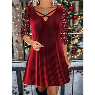 Women's Party Dress Christmas Green Velvet Dress Sequin Dress Mini Dress Wine Long Sleeve Striped Sequins Fall Winter Autumn V Neck Fashion Winter Dress miniinthebox