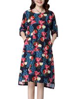 Casual Printed O-Neck Long Sleeve Pocket High Low Dress For Women