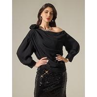 Chiffon Slash Neck Drop Shoulder Bishop Sleeve Elegant Blouse - thumbnail