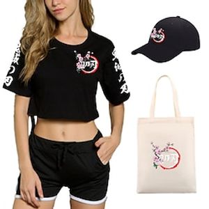 4 Piece Demon Slayer Printed Shorts Crop Top Baseball Caps Canvas Tote Bags Set Nezuko Tanjiro Tee T-Shirt Shorts Co-ord Sets For Women's Adults' Outfits  Matching Casual Daily Running Gym Sports miniinthebox