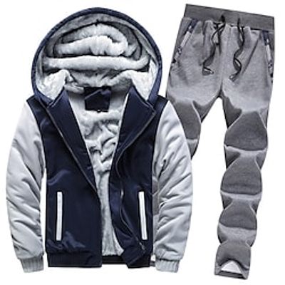 Men's Hoodie Tracksuit Sweatsuit Fuzzy Sherpa Hoodie Jacket Denim Blue Black Blue Wine Burgundy Hooded Color Block Patchwork 2 Piece Sports  Outdoor Streetwear Fleece Casual Big and Tall Winter Fall miniinthebox