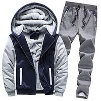 Men's Hoodie Tracksuit Sweatsuit Fuzzy Sherpa Hoodie Jacket Denim Blue Black Blue Wine Burgundy Hooded Color Block Patchwork 2 Piece Sports  Outdoor Streetwear Fleece Casual Big and Tall Winter Fall miniinthebox - thumbnail