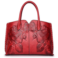 Women Retro PU Leather Embossed Peony Handbag