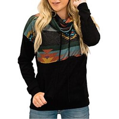 Women's Sweatshirt Pullover Sportswear Ethnic Drawstring Front Pocket Print Black Yellow Red Tribal Casual Sports Pile Neck Long Sleeve Top Micro-elastic Fall  Winter Lightinthebox