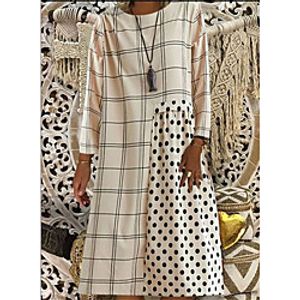 Women's Swing Dress Knee Length Dress White Beige Long Sleeve Polka Dot Color Block Patchwork Fall Round Neck Elegant Casual Going out Loose 2021 S M L XL XXL 3XL / Plus Size / Plus Size miniinthebox