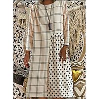 Women's Swing Dress Knee Length Dress White Beige Long Sleeve Polka Dot Color Block Patchwork Fall Round Neck Elegant Casual Going out Loose 2021 S M L XL XXL 3XL / Plus Size / Plus Size miniinthebox - thumbnail