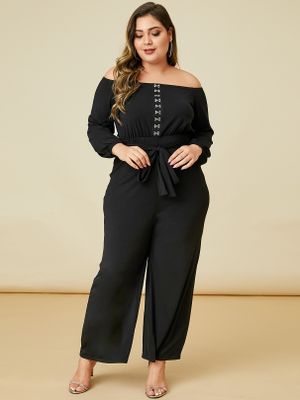 YOINS Plus Size Black Belt Design Off The Shoulder Jumpsuit YOINS Plus Size Black Belt Design Off The Shoulder Jumpsuit
