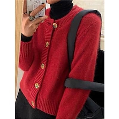 Women's Cardigan Crew Neck Ribbed Knit Polyester Button Knitted Fall Winter Regular Outdoor Christmas Daily Fashion Streetwear Casual Long Sleeve Solid Color Red Navy Blue Beige One-Size Lightinthebox Women's Cardigan Crew Neck Ribbed Knit Polyester Button Knitted Fall Winter Regular Outdoor Christmas Daily Fashion Streetwear Casual Long Sleeve Solid Color Red Navy Blue Beige One-Size Lightinthebox