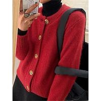 Women's Cardigan Crew Neck Ribbed Knit Polyester Button Knitted Fall Winter Regular Outdoor Christmas Daily Fashion Streetwear Casual Long Sleeve Solid Color Red Navy Blue Beige One-Size Lightinthebox - thumbnail