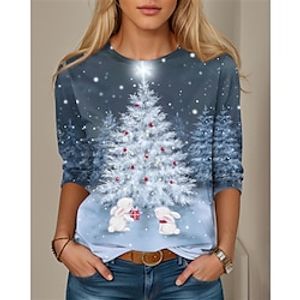 Christmas Shirt Women's T shirt Tee Christmas Tree Navy Blue Print Long Sleeve Christmas Weekend Festival  Holiday Round Neck Regular Fit Spring   Fall Lightinthebox