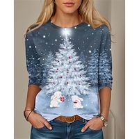 Christmas Shirt Women's T shirt Tee Christmas Tree Navy Blue Print Long Sleeve Christmas Weekend Festival  Holiday Round Neck Regular Fit Spring   Fall Lightinthebox - thumbnail