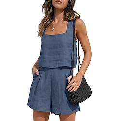 Women's Loungewear Sets Pure Color Fashion Basic Street Daily Cotton And Linen Breathable Square Neck Sleeveless Strap Top Shorts Pocket Summer Spring Black Pink Lightinthebox