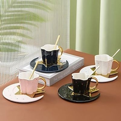 Ceramic Black Star Moon Coffee Cup And Saucer With Spoon Set Golden Handle Porcelain Mug Afternoon Tea Juice And Water Drinks Cup Lightinthebox Ceramic Black Star Moon Coffee Cup And Saucer With Spoon Set Golden Handle Porcelain Mug Afternoon Tea Juice And Water Drinks Cup Lightinthebox