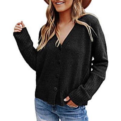 Women's Cardigan Sweater Knitted Button Solid Color Stylish Basic Casual Long Sleeve Sweater Cardigans V Neck Fall Winter Army Green Khaki Black Lightinthebox