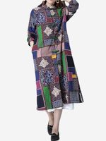 Vintage Plaid Print Patchwork Long Sleeve Stand Collar Women Coats