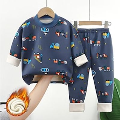 Kids Boys 2 Pieces Pajama Set Long Sleeve Plush-Dinosaur No. 4. Plus velvet-yellow chinchilla Plush-Blue Lion Car Graphic Cartoon Crewneck Spring Fall Adorable Home 7-13 Years Lightinthebox