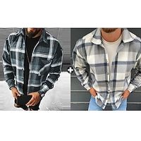 Men's As Picture Flannel Shirt Sets Long Sleeve Lapel Outdoor Street Plaid Basic Polyester Spring   Fall Lightinthebox - thumbnail