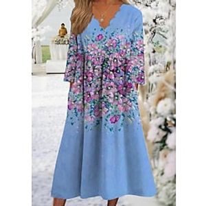 Women's A Line Dress Midi Dress Light Blue 34 Length Sleeve Floral Ruched Ruffle Print Spring Summer V Neck Romantic Modern 2022 S M L XL XXL 3XL Lightinthebox