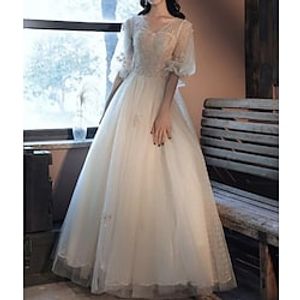 Ball Gown Vintage Floral Quinceanera Prom Dress V Neck Half Sleeve Floor Length Tulle with Pleats Embroidery 2022 Lightinthebox