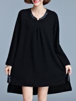 Casual Women Solid Patchwork Long Sleeve High Low Mini Dress