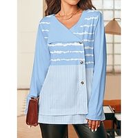 Women's T shirt Tee Striped Black Pink Blue Print Patchwork Button Long Sleeve Daily Going out Fashion V Neck Regular Fit Spring Lightinthebox - thumbnail