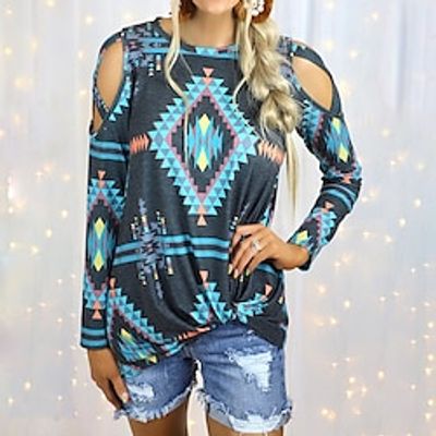 Women's T shirt Tee Tribal Blue Print Cut Out Long Sleeve Daily Weekend Ethnic Round Neck Regular Fit Spring   Fall Lightinthebox