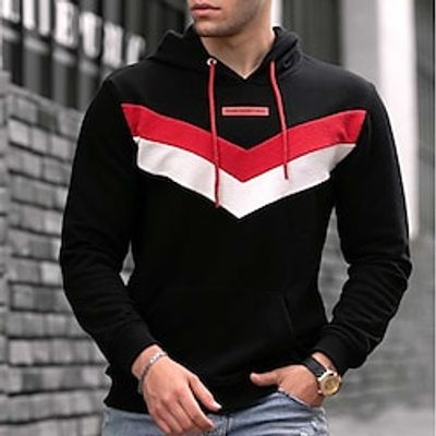Men's Hoodie Pullover Wine Beige Gray White Black Hooded Color Block Print Front Pocket Going out Streetwear Streetwear Cool Designer Winter Spring   Fall Clothing Apparel Hoodies Sweatshirts  Long Lightinthebox
