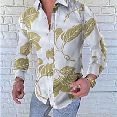 Men's Shirt Leaves Turndown Street Casual Button-Down Print Long Sleeve Tops Casual Fashion Comfortable Light Green  Spring  Summer Lightinthebox