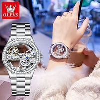 OLEVS Women Mechanical Watch Fashion Rhinestone Business Wristwatch Hollow Skeleton Waterproof Alloy Genuine Leather Watch Lightinthebox